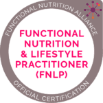 FNLP Badge - gray circle with words Functional Nutrition Alliance Official Certification, Functional Nutrition & Lifestyle Practitioner